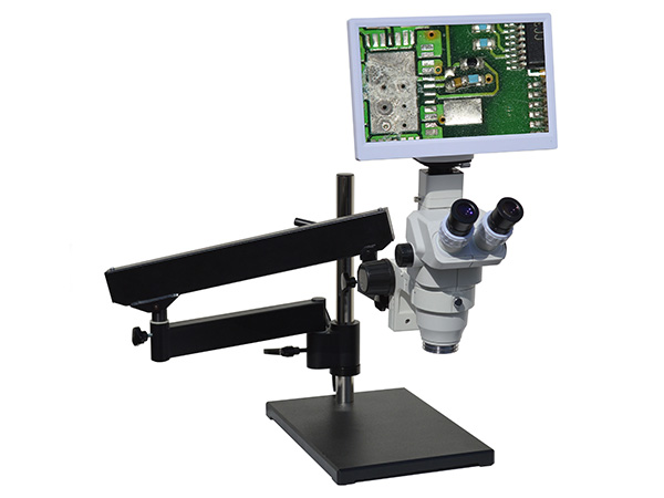 HD8TRLABm12 hd 1080p trinocular digital microscope with articulating arm stand and 12 inch hd monitor