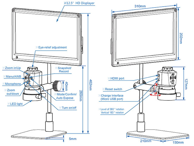 HD-A23001 All-in-One HD 1080p Economy Digital USB Microscope with 12.5″ HD Monitor features