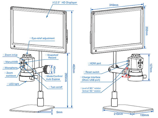 HD-A23001 All-in-One HD 1080p Economy Digital USB Microscope with 12.5″ HD Monitor