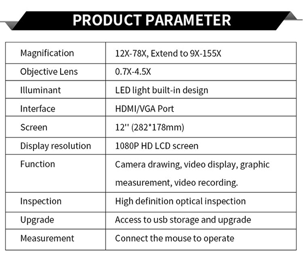 HD-A03001 hd 1080p all in one digital microscope technical specifications
